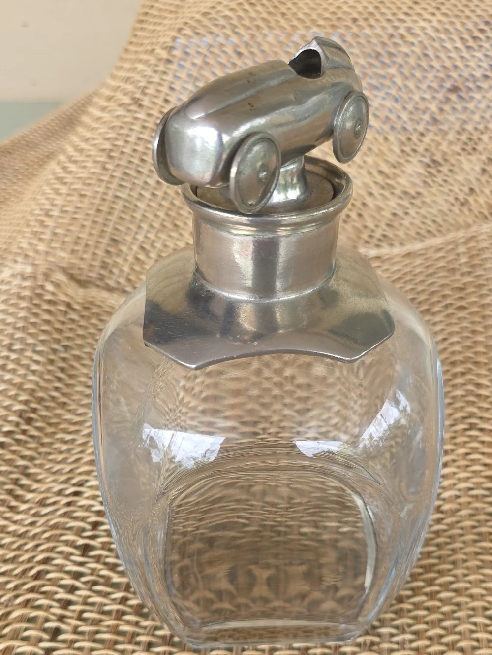 Pottery Barn Vintage Race Car Glass Decanter Pewter Stopper Rare